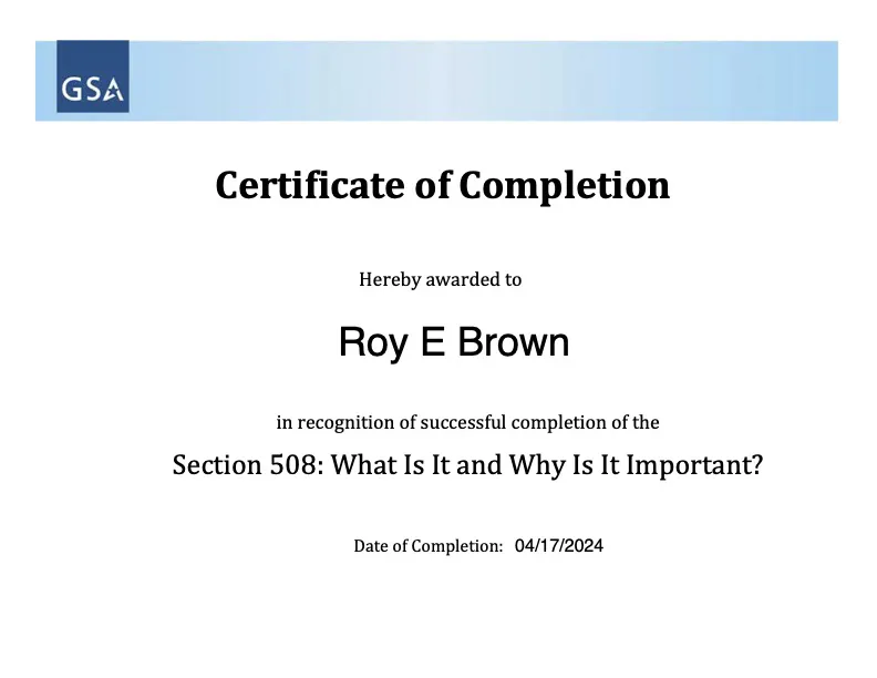 Roy-E-Brown_Section_508_What_Is_It_and_Why_Is_It_Important_Certificate_of_Completion.webp